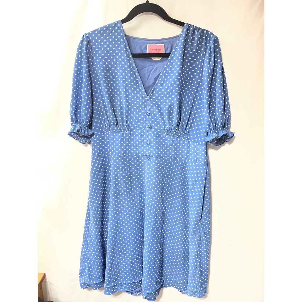 Kate Spade New York Blue Polka Dot V-Neck Puff Sleeve Smocked Mini Dress Size 12